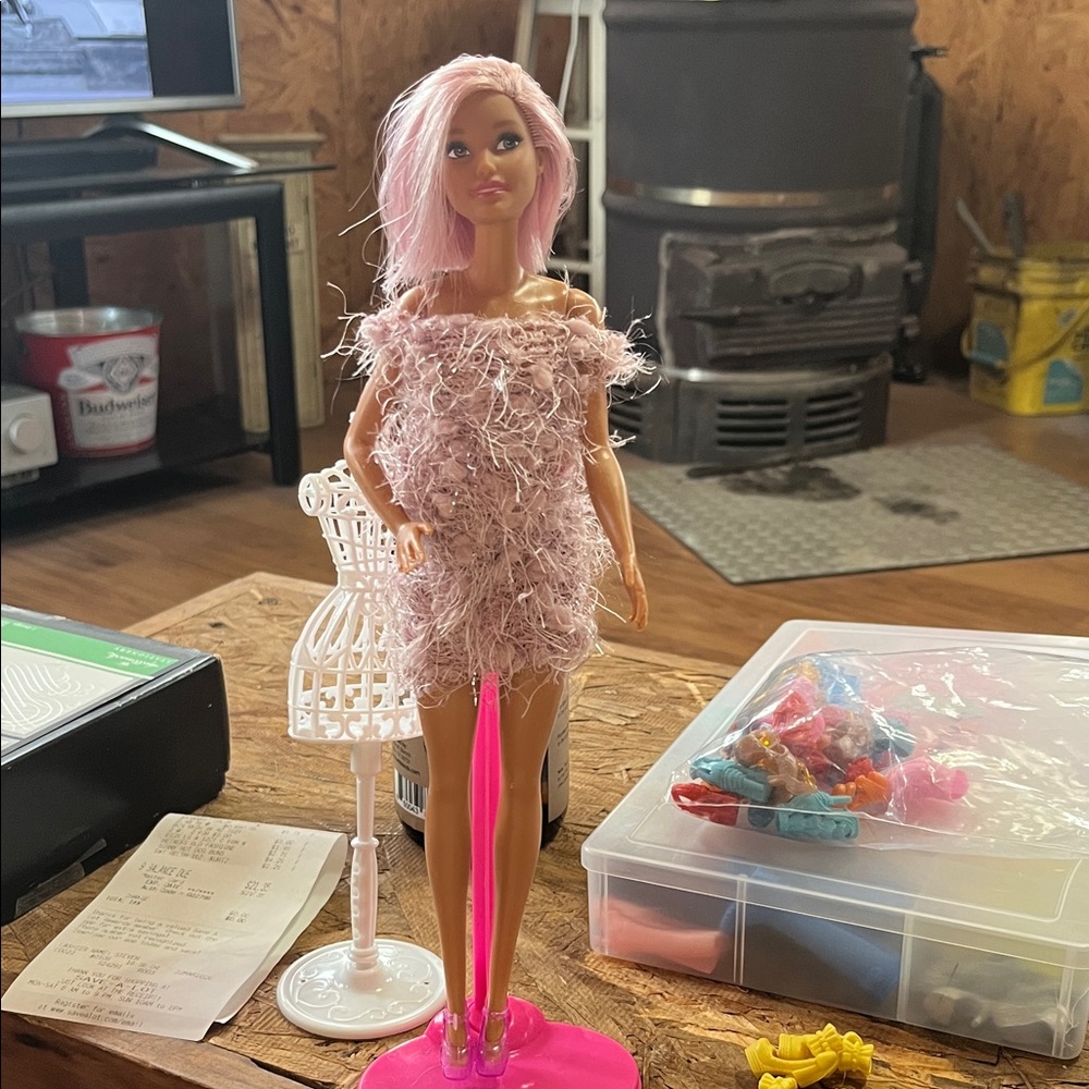 Barbie Doll with Pink Hair and Fuzzy Dress